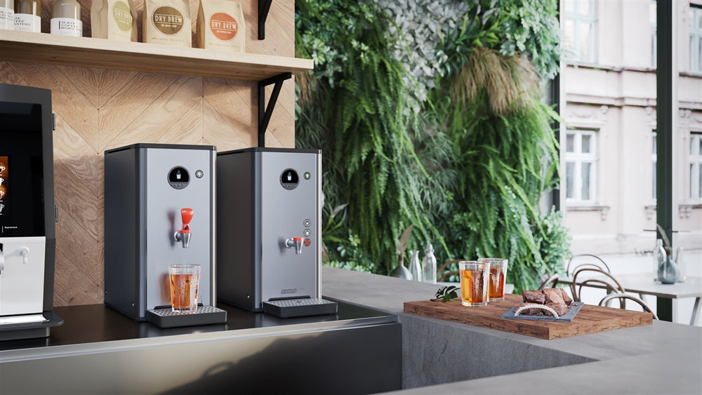 Efficient, compact, and stylish hot water boiler designed for a chic coffee shop.