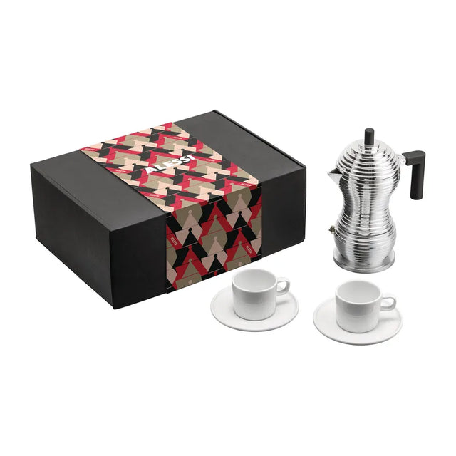 Alessi Coffee Gift Box Pulcina Espresso Coffee Maker & 2 Mocha Cups with Saucers