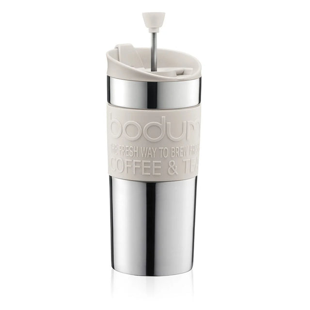 Bodum Stainless Steel Travel Mug Press 0.35L with Spare Lid - White