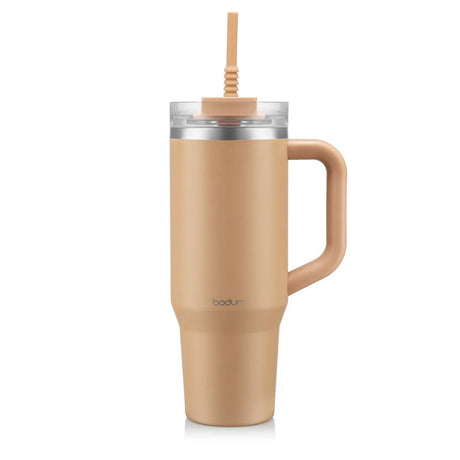 Bodum Travel Mug with Handle & Silicone Straw, 1.2l / 40oz in Belly Band -  Iced Vanilla Latte