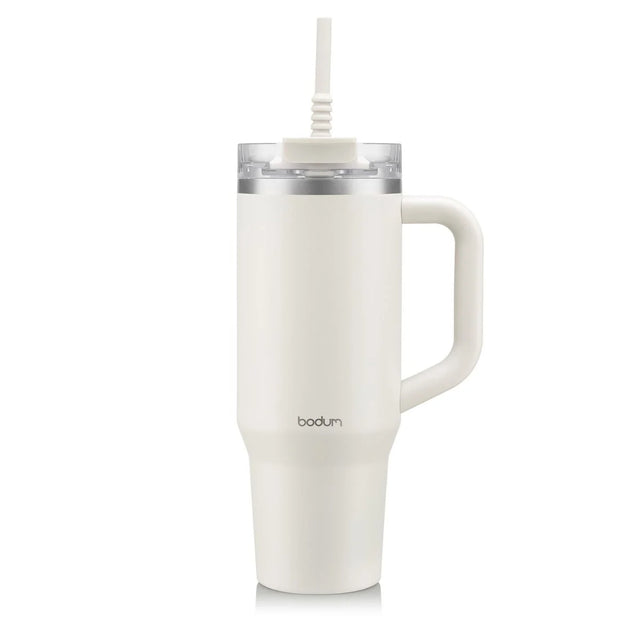 Bodum Travel Mug with Handle & Silicone Straw, 1.2l / 40oz in Belly Band -  White