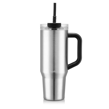 Bodum Travel Mug with Handle & Silicone Straw, 1.2l / 40oz in Belly Band - Chrome