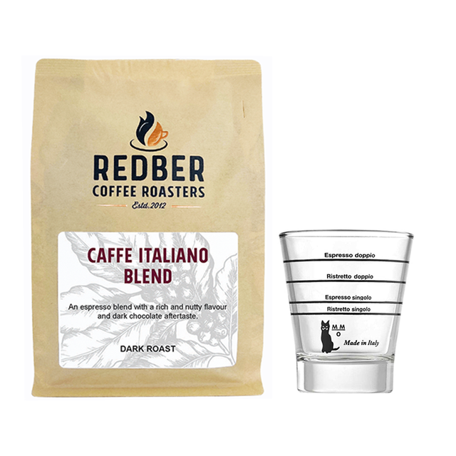 Espresso Lovers Bundle - Caffè Italiano Coffee Blend (Beans) & Motta Graduated Espresso Shot Glass