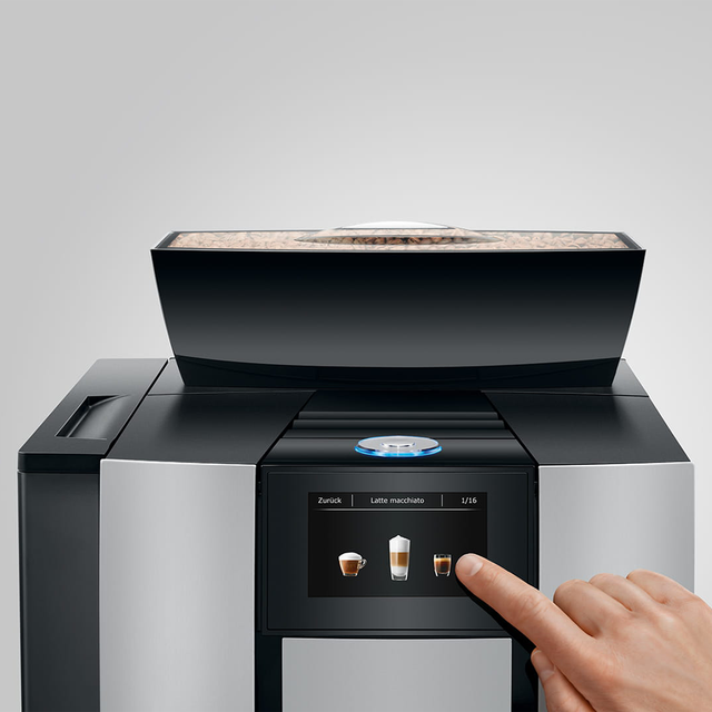 JURA GIGA X3 Gen II Pro Bean to Cup coffee machine with dual ceramic disc grinders, 4.3-inch touchscreen display, and Pulse Extraction Process, ideal for high-volume offices and self-service environments.