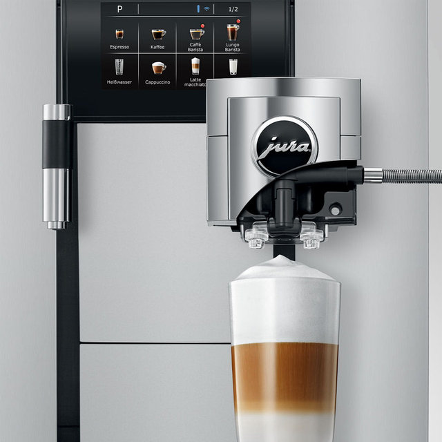 JURA GIGA X3 Gen II Pro Bean to Cup coffee machine with dual ceramic disc grinders, 4.3-inch touchscreen display, and Pulse Extraction Process, ideal for high-volume offices and self-service environments.