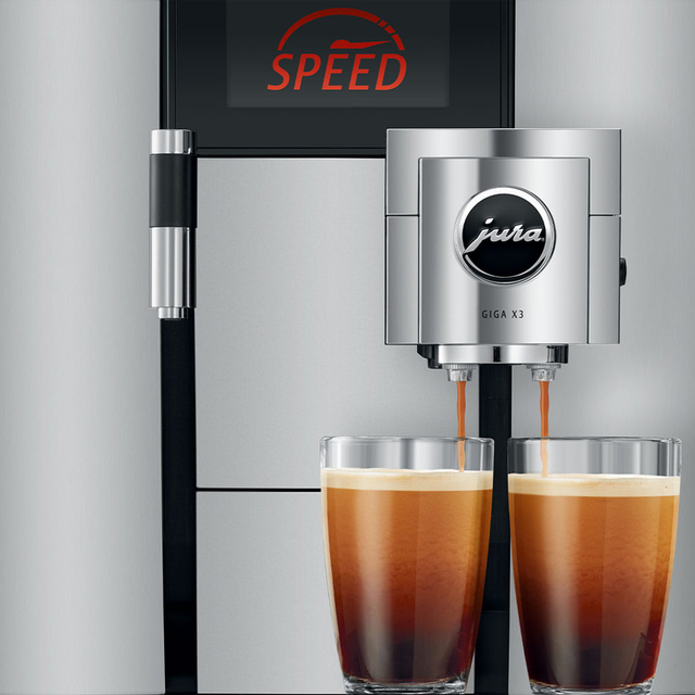 JURA GIGA X3 Gen II Pro Bean to Cup coffee machine with dual ceramic disc grinders, 4.3-inch touchscreen display, and Pulse Extraction Process, ideal for high-volume offices and self-service environments.