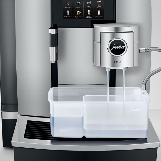 JURA GIGA X3 Gen II Pro Bean to Cup coffee machine with dual ceramic disc grinders, 4.3-inch touchscreen display, and Pulse Extraction Process, ideal for high-volume offices and self-service environments.