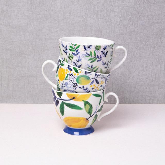 KitchenCraft China 400ml Footed Mugs - Leafy Lemon