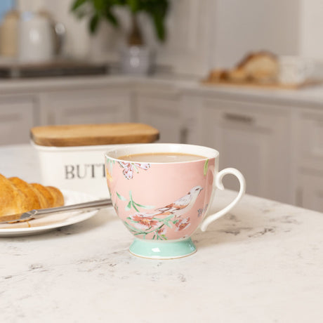 KitchenCraft China 400ml Footed Mug - Peach Birds