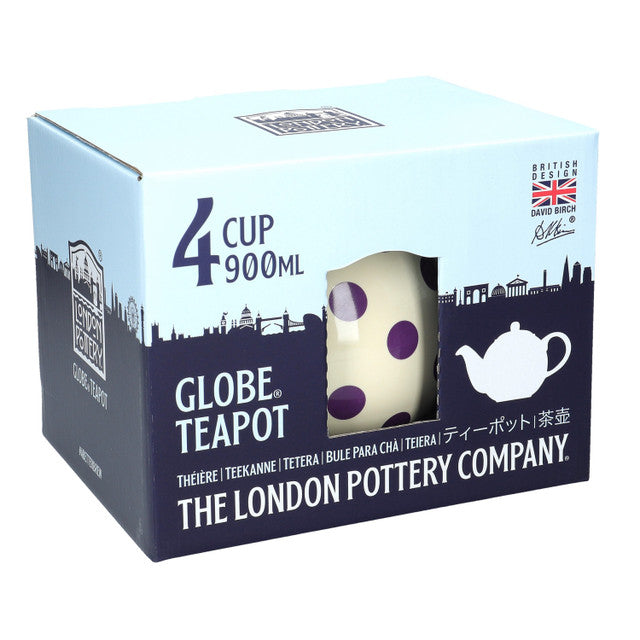 London Pottery Globe 4 Cup Teapot Ivory With Aubergine Spots box