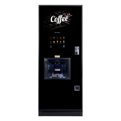 Image of the Coffetek NEO Coffee Vending Machine, featuring a modern design with a touchscreen interface and customizable LED lighting, ideal for high-traffic environments