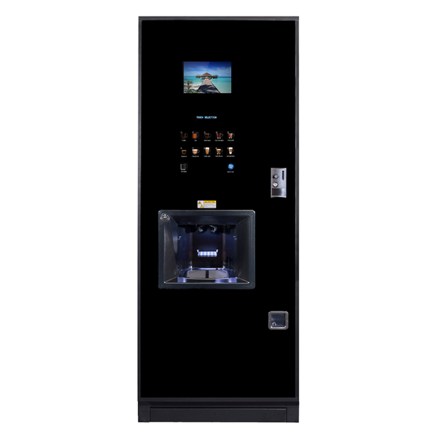 Image of the Coffetek NEO Coffee Vending Machine, featuring a modern design with a touchscreen interface and customizable LED lighting, ideal for high-traffic environments