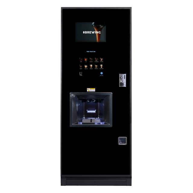 Image of the Coffetek NEO Coffee Vending Machine, featuring a modern design with a touchscreen interface and customizable LED lighting, ideal for high-traffic environments