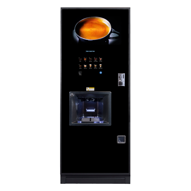 Image of the Coffetek NEO Coffee Vending Machine, featuring a modern design with a touchscreen interface and customizable LED lighting, ideal for high-traffic environments