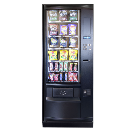 The Coffetek Palma Vending Machine featuring a sleek, modern design with adjustable trays for snacks and drinks, a user-friendly alphanumeric keypad, and durable construction for high-traffic environments