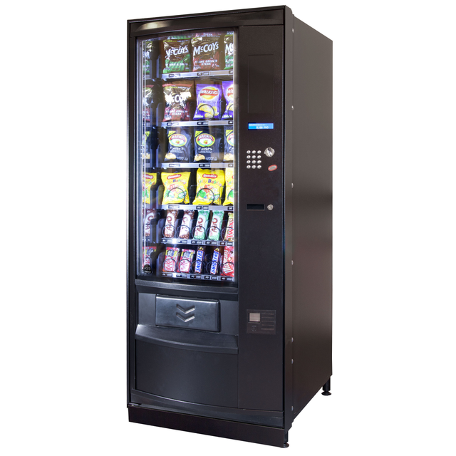 The Coffetek Palma Vending Machine featuring a sleek, modern design with adjustable trays for snacks and drinks, a user-friendly alphanumeric keypad, and durable construction for high-traffic environments