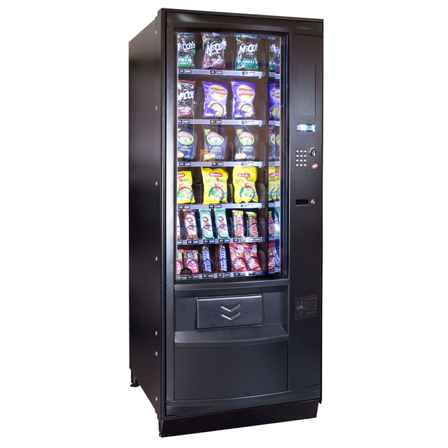 The Coffetek Palma Vending Machine featuring a sleek, modern design with adjustable trays for snacks and drinks, a user-friendly alphanumeric keypad, and durable construction for high-traffic environments