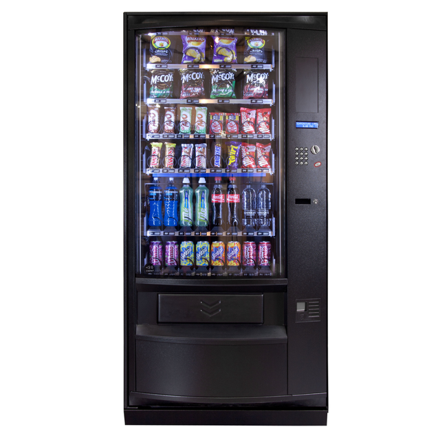 The Coffetek Palma Vending Machine featuring a sleek, modern design with adjustable trays for snacks and drinks, a user-friendly alphanumeric keypad, and durable construction for high-traffic environments