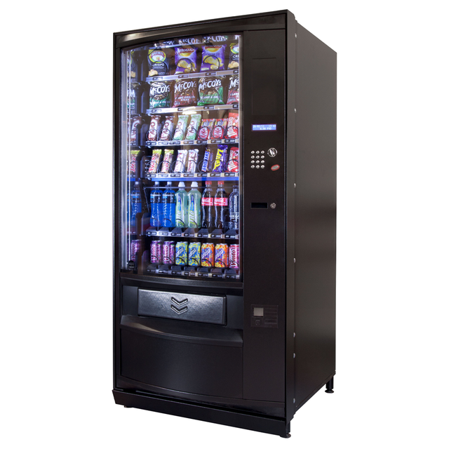 The Coffetek Palma Vending Machine featuring a sleek, modern design with adjustable trays for snacks and drinks, a user-friendly alphanumeric keypad, and durable construction for high-traffic environments