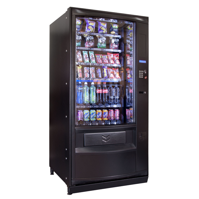 The Coffetek Palma Vending Machine featuring a sleek, modern design with adjustable trays for snacks and drinks, a user-friendly alphanumeric keypad, and durable construction for high-traffic environments