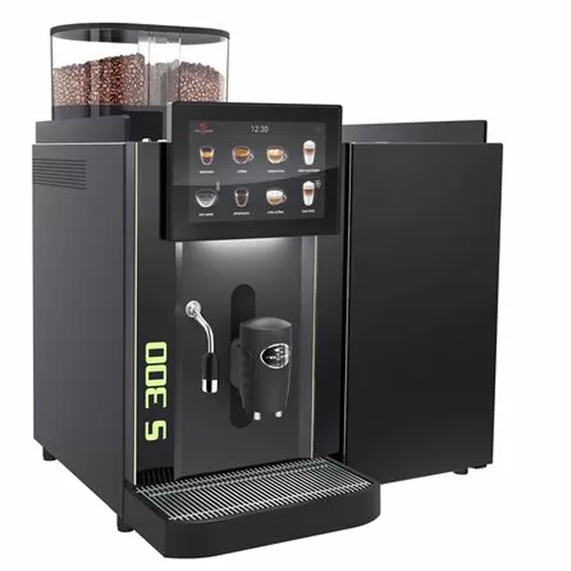 Rex-Royal S300 bean-to-cup coffee machine, designed for high-capacity environments like cafés, restaurants, and hotels. Features a 10.1-inch touchscreen, advanced milk system for cappuccinos and lattes, and customisable options. Swiss-engineered for reliable, consistent barista-quality coffee and seamless operation in busy settings