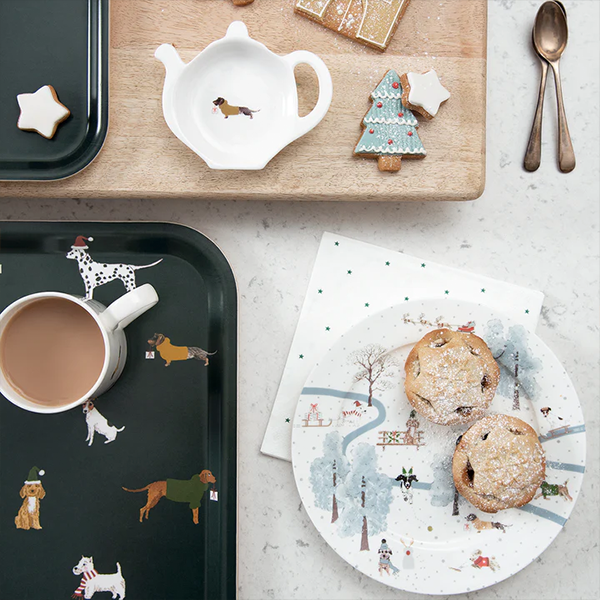 Sophie Allport Christmas Dogs Tea Bag Tidy (Gift Boxed), Christmas Breakfast Scene, Mince Pies, Festive Plate