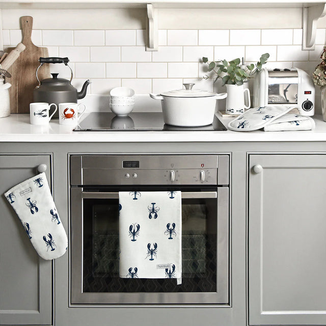 Sophie Allport Lobster Tea Towel in designer stylish kitchen, grey