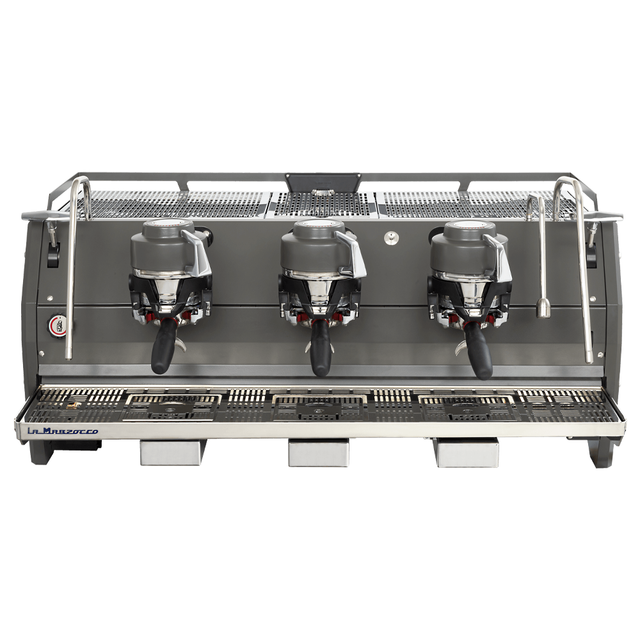 Side view of the La Marzocco Strada X espresso machine with dual boilers, real-time digital display, and pressure profiling, designed for specialty coffee brewing in high-demand cafés