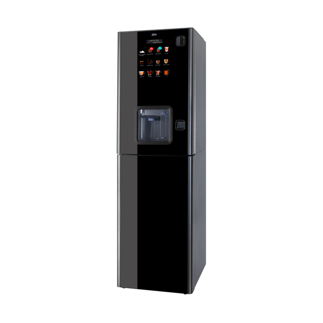 Zen 5 Fresh Brew Tea Coffee Vending Machine with a sleek ebony gloss finish, featuring a compact design, intuitive In-Touch interface, and eco-friendly features for premium coffee, tea, and hot beverage service.