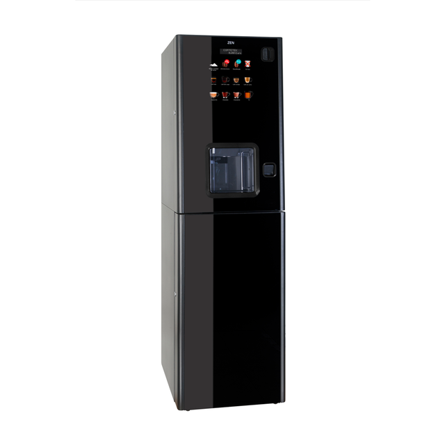 Zen 5 Fresh Brew Tea Coffee Vending Machine with a sleek ebony gloss finish, featuring a compact design, intuitive In-Touch interface, and eco-friendly features for premium coffee, tea, and hot beverage service.