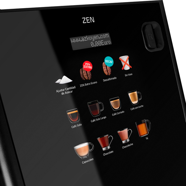 Zen 5 Fresh Brew Tea Coffee Vending Machine with a sleek ebony gloss finish, featuring a compact design, intuitive In-Touch interface, and eco-friendly features for premium coffee, tea, and hot beverage service.