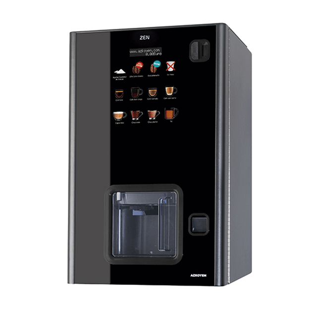 Zen 5 Fresh Brew Tea Coffee Vending Machine with a sleek ebony gloss finish, featuring a compact design, intuitive In-Touch interface, and eco-friendly features for premium coffee, tea, and hot beverage service.