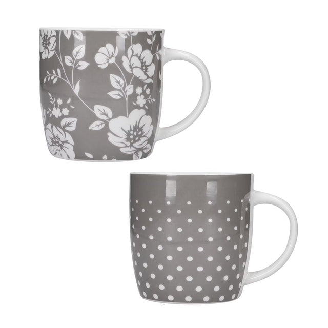 KitchenCraft, KitchenCraft Barrel Mugs Set of 4 - Grey Floral / Polka Dot, Redber Coffee