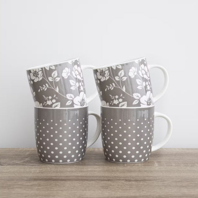 KitchenCraft, KitchenCraft Barrel Mugs Set of 4 - Grey Floral / Polka Dot, Redber Coffee