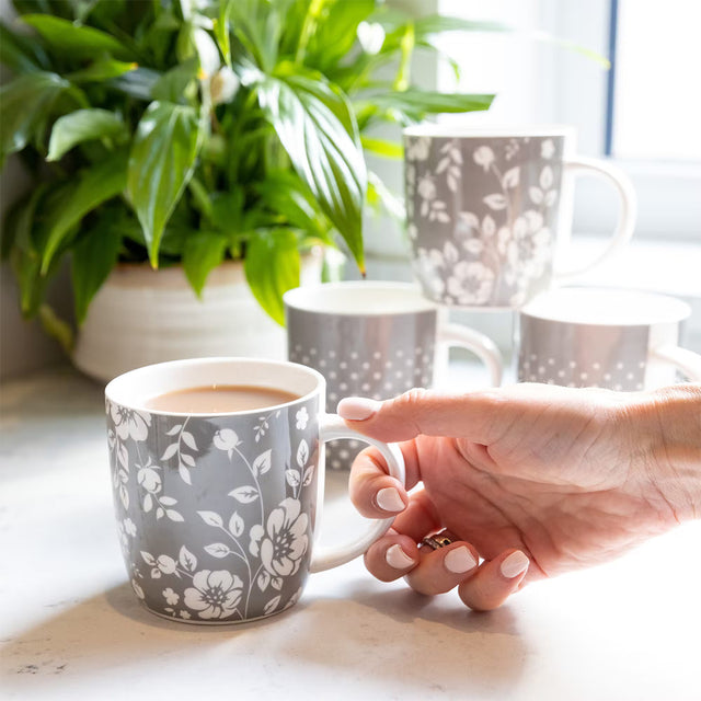 KitchenCraft, KitchenCraft Barrel Mugs Set of 4 - Grey Floral / Polka Dot, Redber Coffee