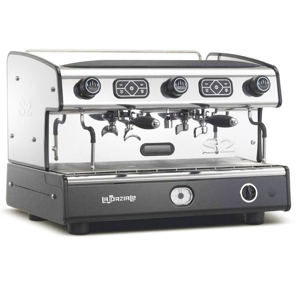 Commercial La Spaziale S2 semi-automatic espresso machine with 2 or 3 group configurations, featuring a stainless steel body, built-in pump, and proportioned dosing system. Ideal for cafés, coffee shops, and restaurants seeking barista-quality coffee and energy-efficient performance.