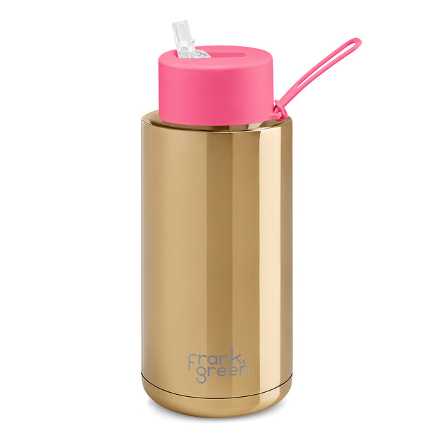 Frank Green, Frank Green 34oz/1005ml Ceramic Reusable Bottle - Gold with Neon Pink Lid, Redber Coffee