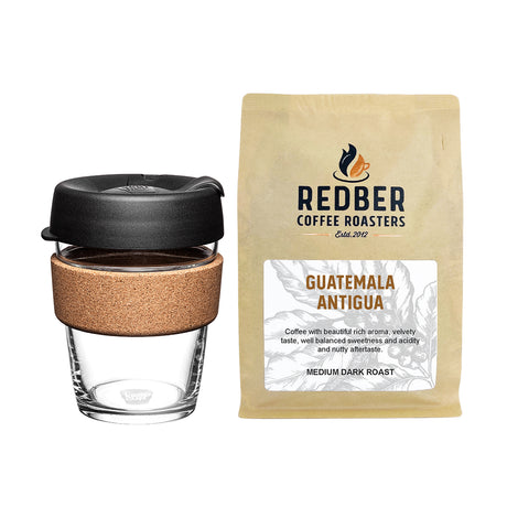 KeepCup, KeepCup Brew Cork Glass Reusable Coffee Cup 12oz - Black & 250g Guatemala Antigua Coffee, Redber Coffee