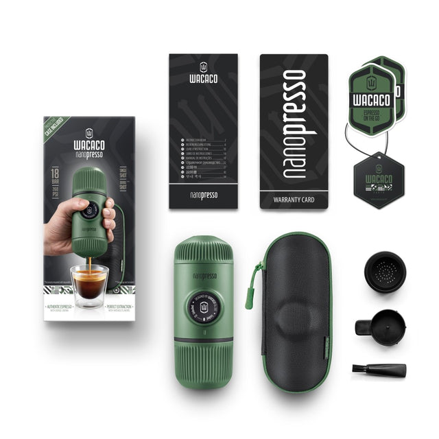 Wacaco, Wacaco Nanopresso Elements Portable Espresso Maker with Hard Case  - Moss Green with Free Coffee, Redber Coffee